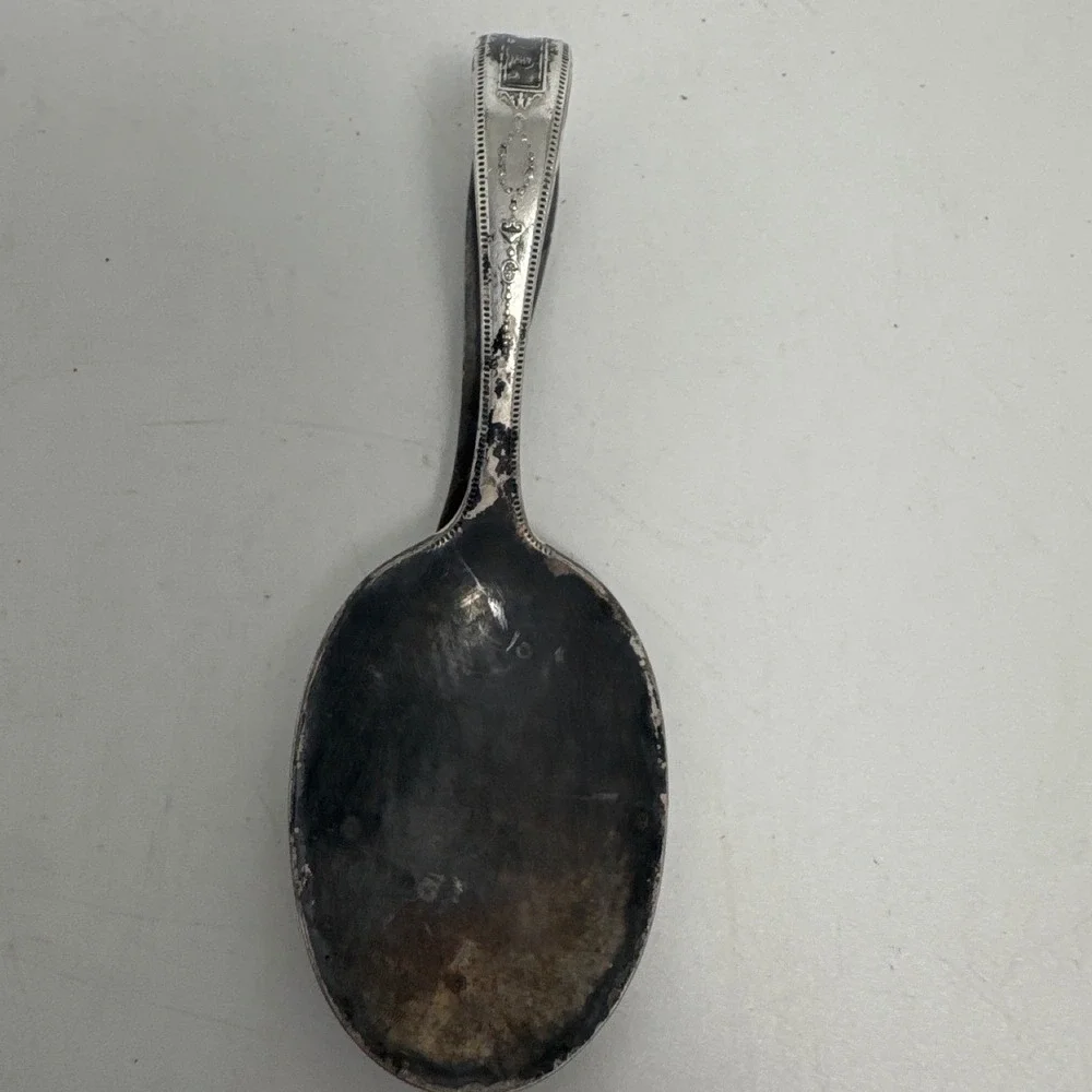 Vintage Antique Silver Plate Loop Handle Baby Spoon Ornate Engraved Fair 3.5in
